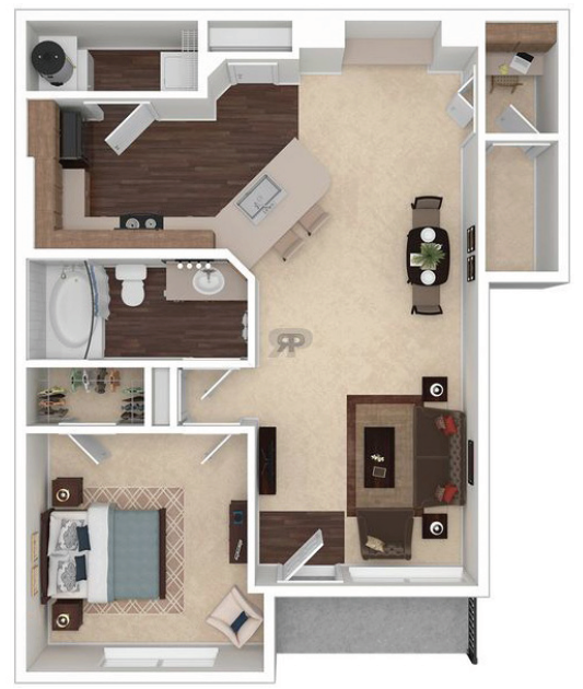 Floor plan for 1 bed, 1 bath, 762 sqft